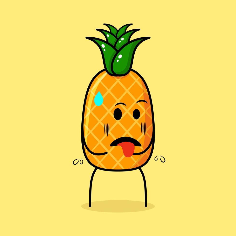 lindo personaje de piña con expresión repugnante y lengua fuera. verde y amarillo. adecuado para emoticonos, logotipos, mascotas vector