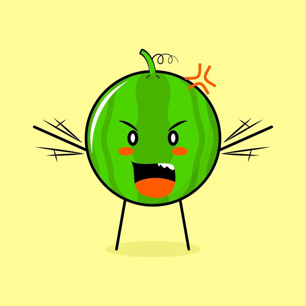 cute watermelon character with angry expression. green and yellow. suitable for emoticon, logo, mascot. both hands raised and mouth open vector