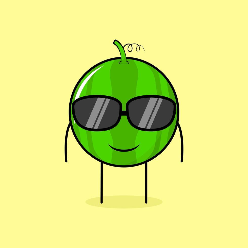 cute watermelon character with smile expression and black eyeglasses. green and yellow. suitable for emoticon, logo, mascot or sticker vector