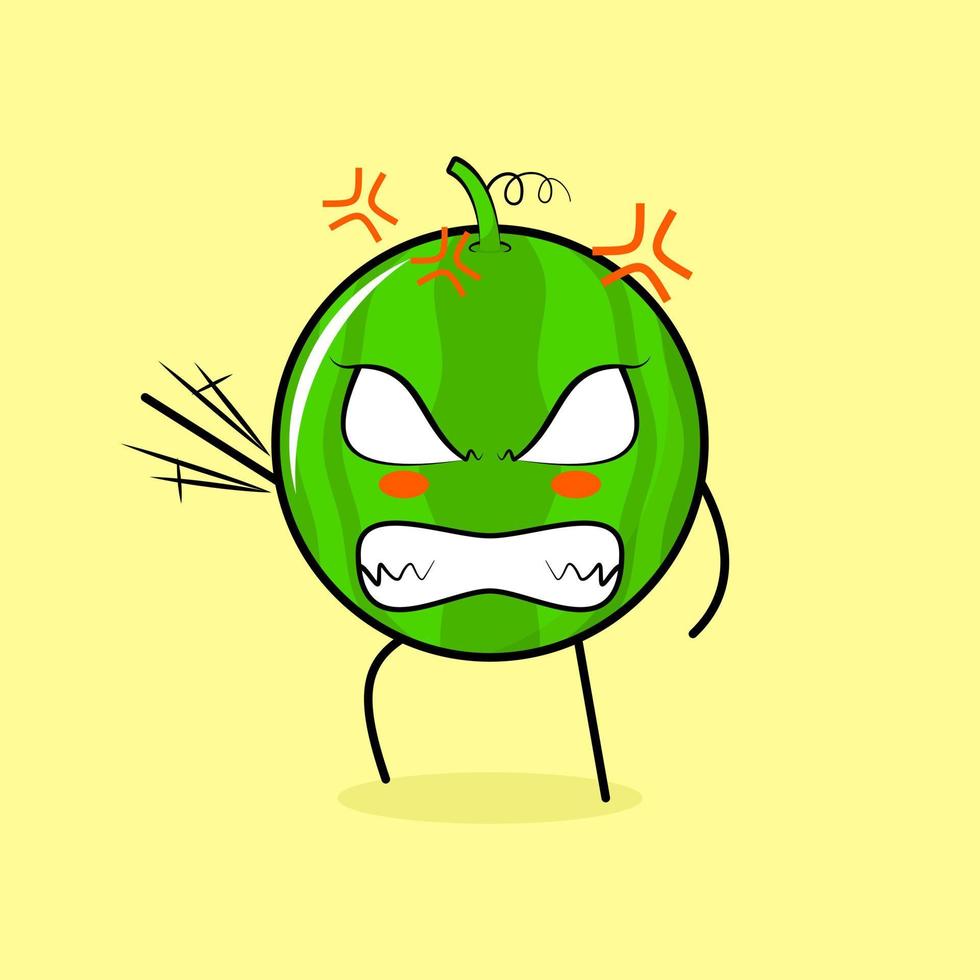 lindo personaje de sandía con expresión enojada. verde y amarillo. adecuado para emoticono, logo, mascota. una mano levantada, ojos saltones y sonriente vector