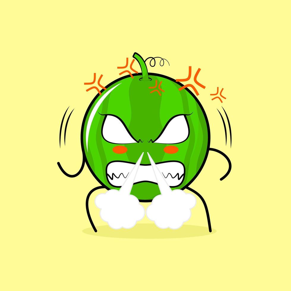 cute watermelon character with angry expression. nose blowing smoke, eyes bulging and grinning. green and yellow. suitable for emoticon, logo, mascot vector