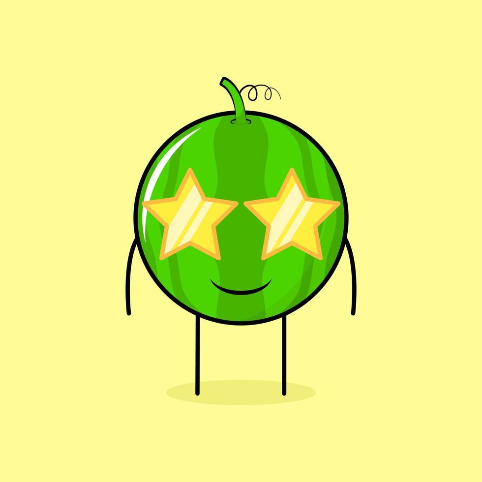 lindo personaje de sandía con expresión de sonrisa y anteojos de estrellas. verde y amarillo. adecuado para emoticonos, logotipos, mascotas o pegatinas vector