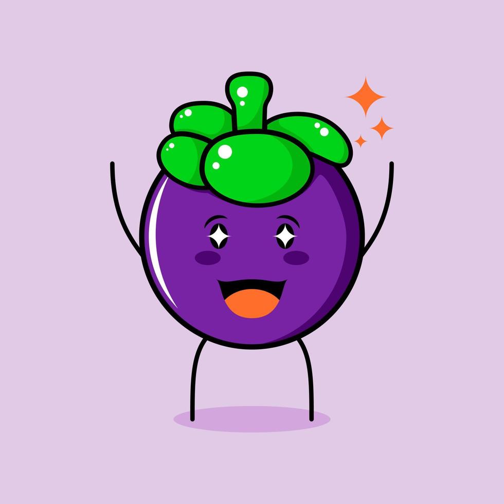 lindo personaje de mangostán con sonrisa y expresión feliz, dos manos arriba, boca abierta y ojos brillantes. verde y morado. adecuado para emoticonos, logotipos, mascotas e iconos vector