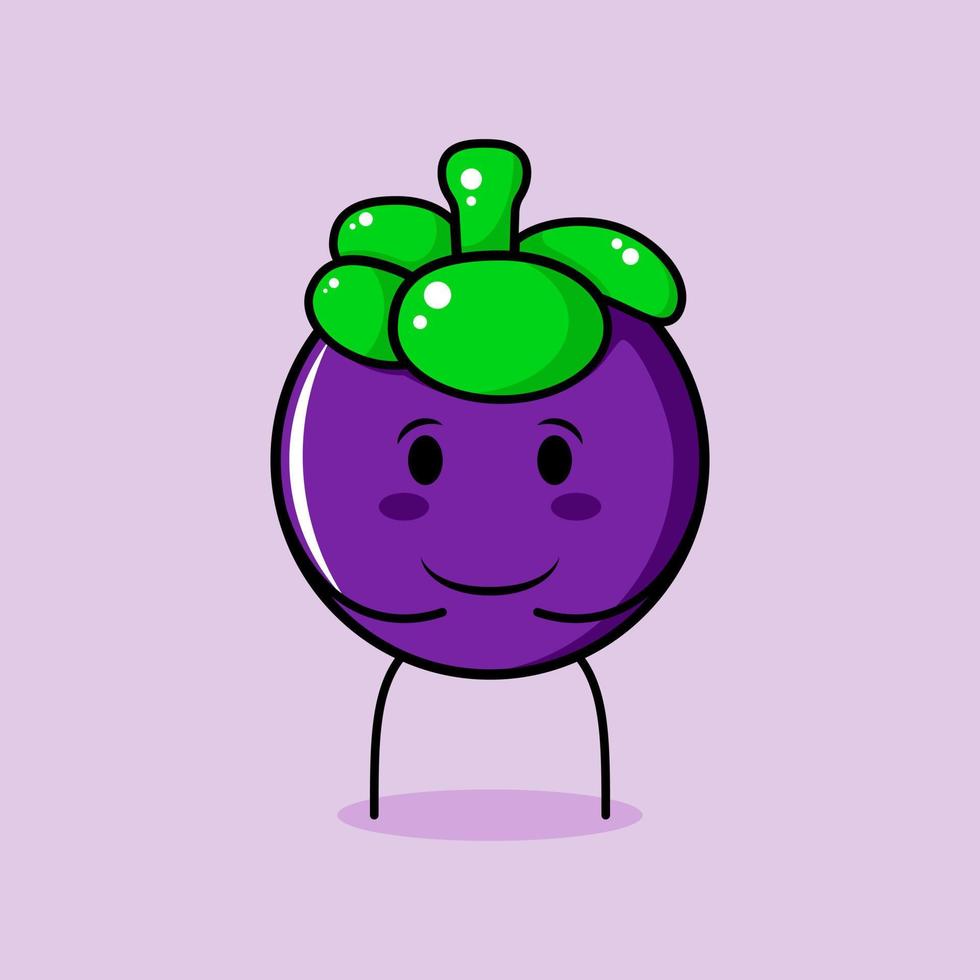 cute mangosteen character with smile and happy expression, both hands on stomach. green and purple. suitable for emoticon, logo, mascot and icon vector