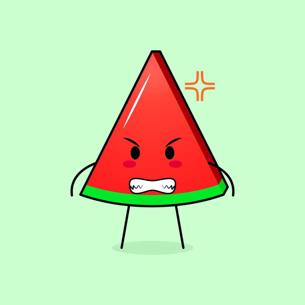 lindo personaje de rebanada de sandía con expresión enojada. adecuado para emoticono, logo, mascota. sonriendo vector