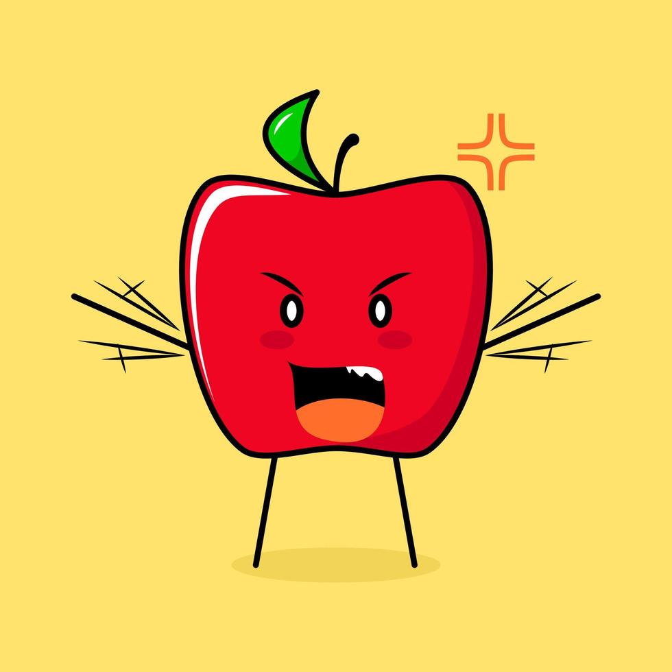 cute red apple character with angry expression. green and red. suitable for emoticon, logo, mascot. both hands raised and mouth open vector