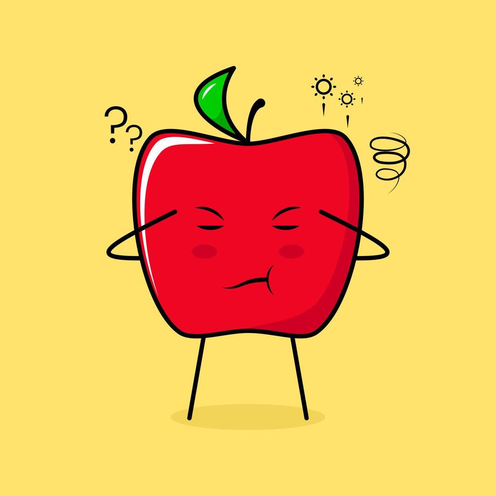 lindo personaje de manzana roja con expresión de pensamiento, ojos cerrados y dos manos en la cabeza. verde y rojo. adecuado para emoticonos, logotipos, mascotas vector