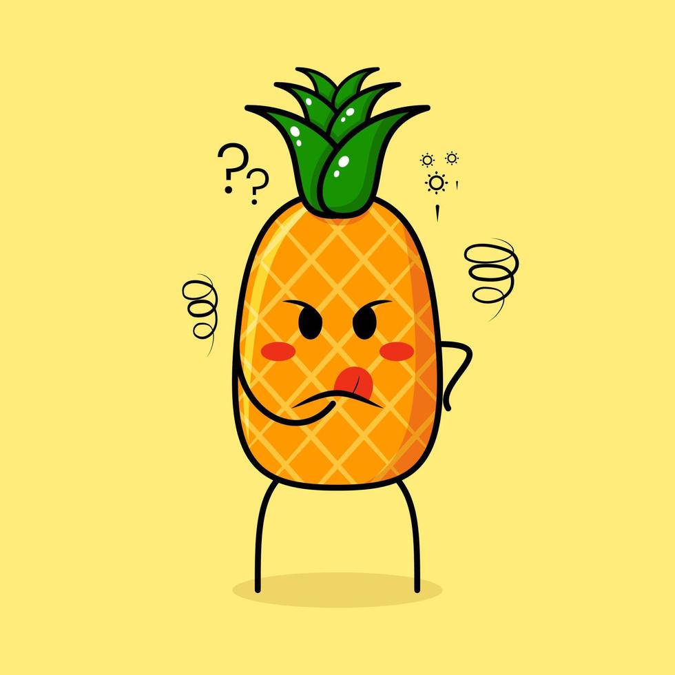 lindo personaje de piña con expresión de pensamiento y mano colocada en la barbilla. verde y amarillo. adecuado para emoticonos, logotipos, mascotas vector