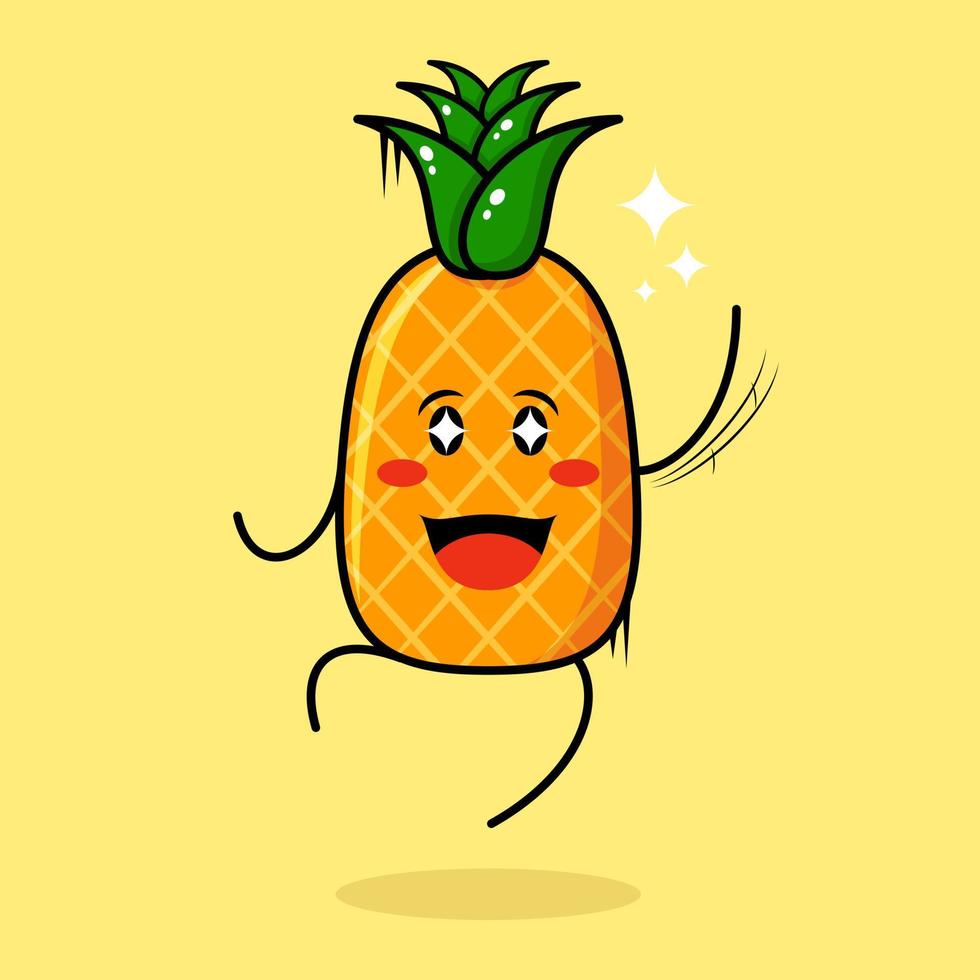 lindo personaje de piña con expresión feliz, salto, una mano arriba, boca abierta y ojos brillantes. verde y amarillo. adecuado para emoticonos, logotipos, mascotas vector