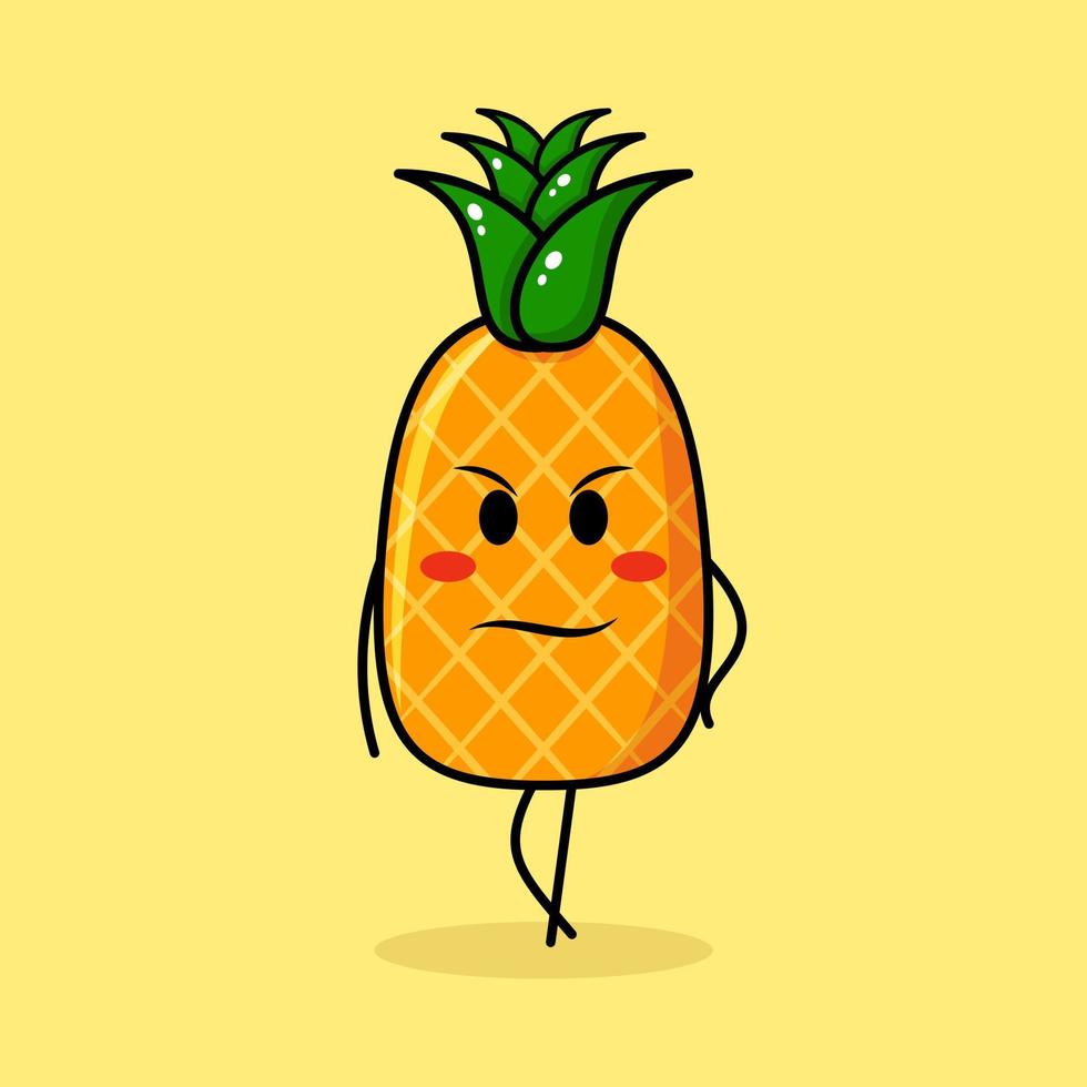 lindo personaje de piña con expresión genial. verde y amarillo. adecuado para emoticonos, logotipos, mascotas vector