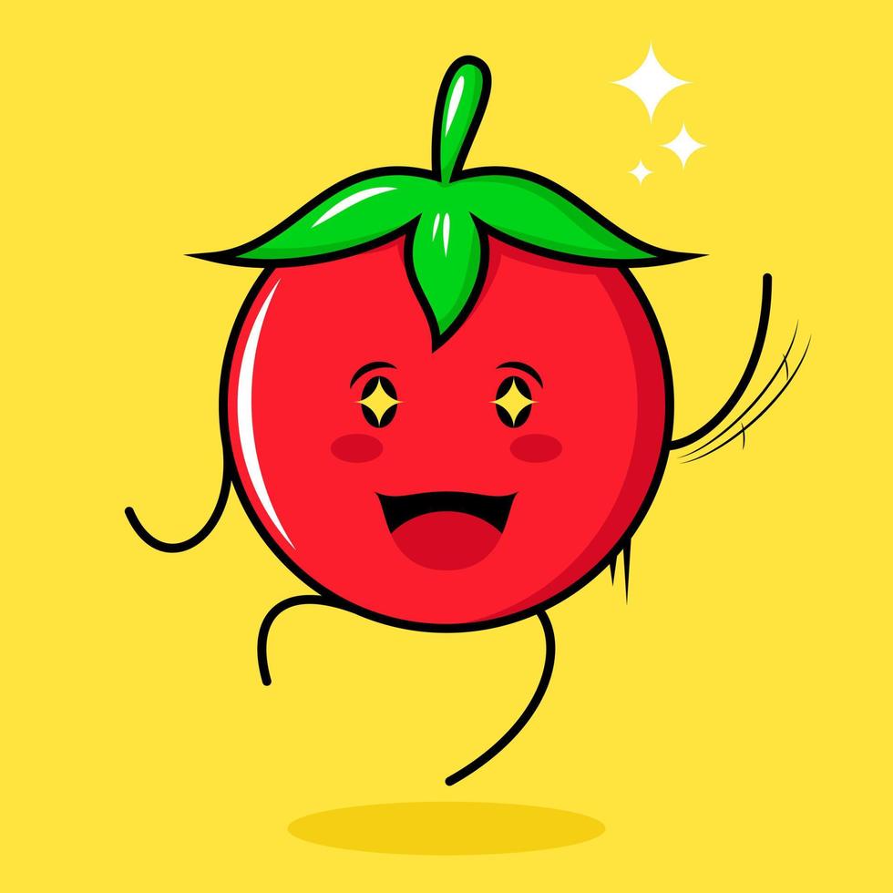 lindo personaje de tomate con expresión feliz, salto, una mano arriba, boca abierta y ojos brillantes. verde, rojo y amarillo. adecuado para emoticonos, logotipos, mascotas vector