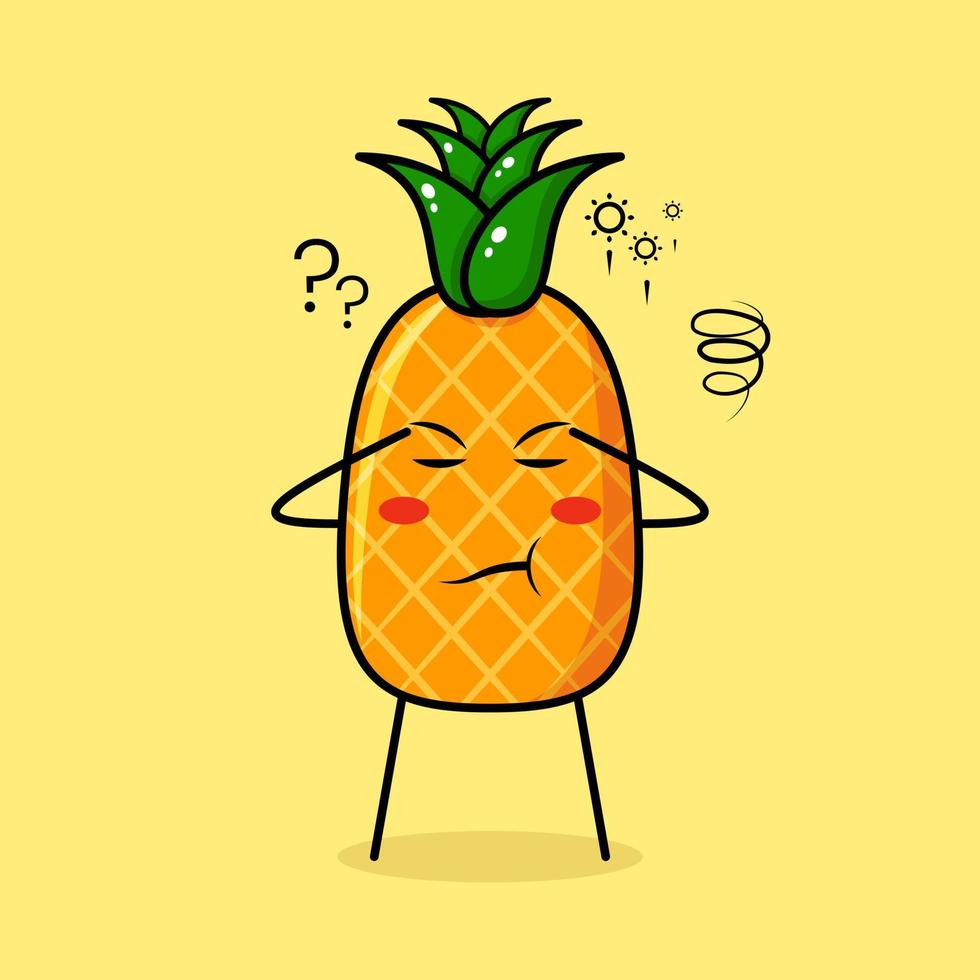 cute pineapple character with thinking expression, close eyes and two hands on head. green and yellow. suitable for emoticon, logo, mascot vector