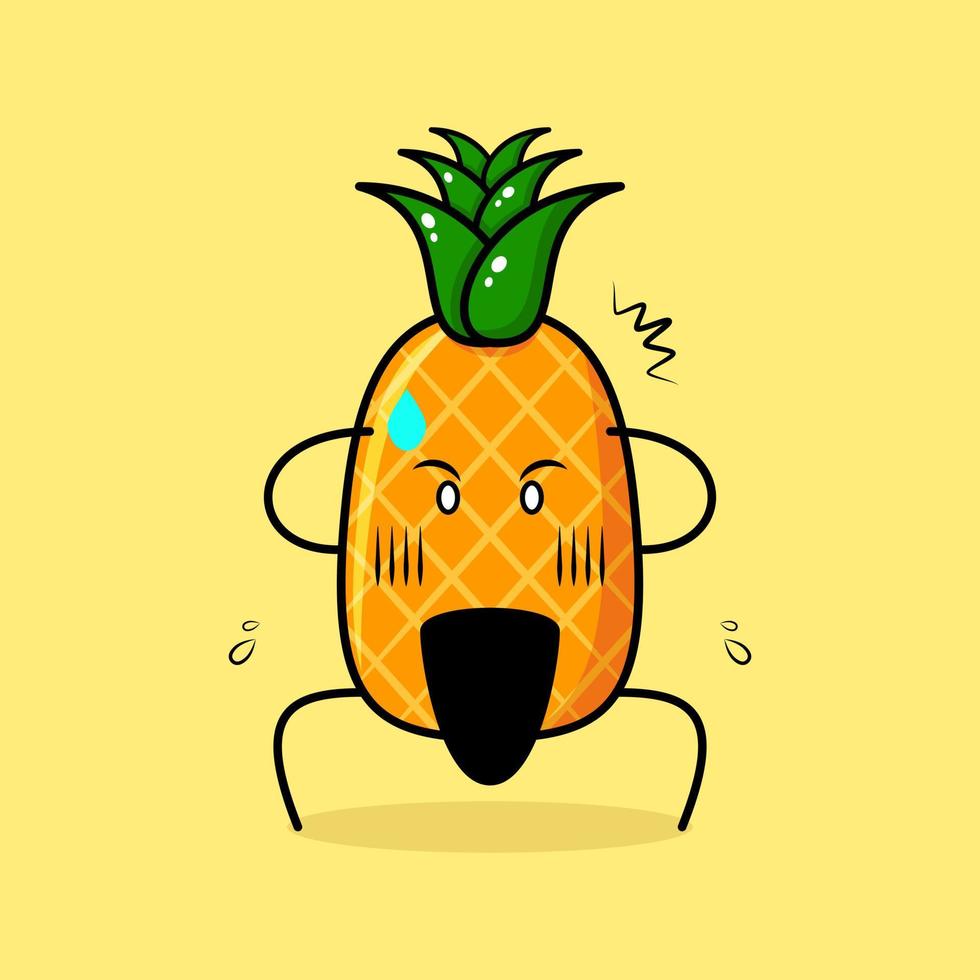 lindo personaje de piña con expresión de asombro, dos manos en la cabeza y la boca abierta. verde y amarillo. adecuado para emoticonos, logotipos, mascotas o pegatinas vector