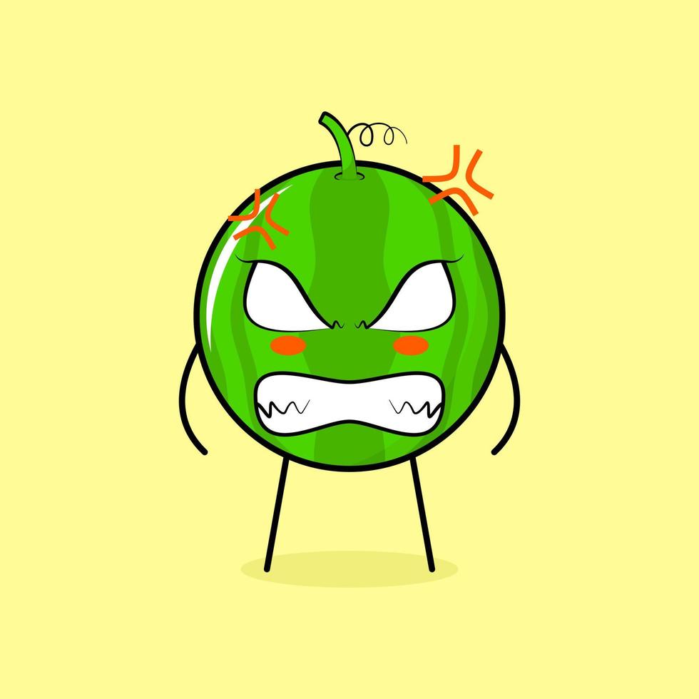 lindo personaje de sandía con expresión enojada. ojos saltones y sonrientes. verde y amarillo. adecuado para emoticonos, logotipos, mascotas vector