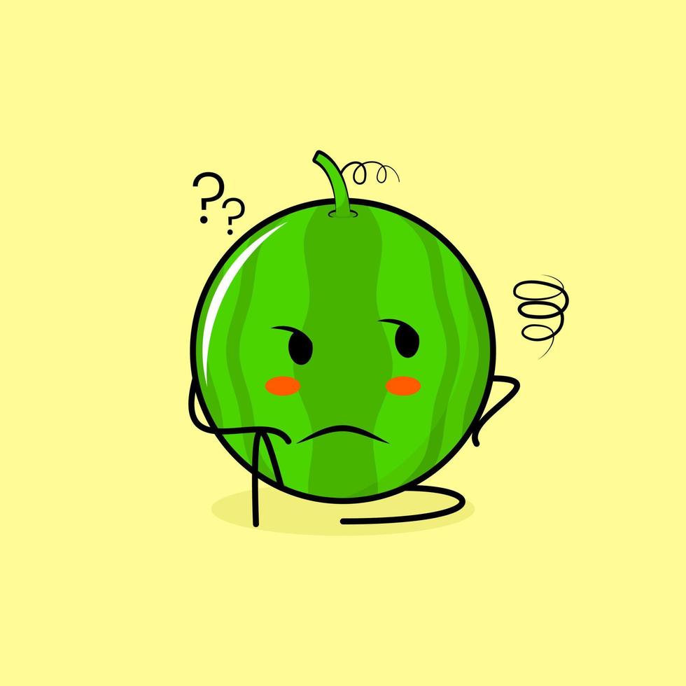 cute watermelon character with thinking expression and sit down. green and yellow. suitable for emoticon, logo, mascot vector