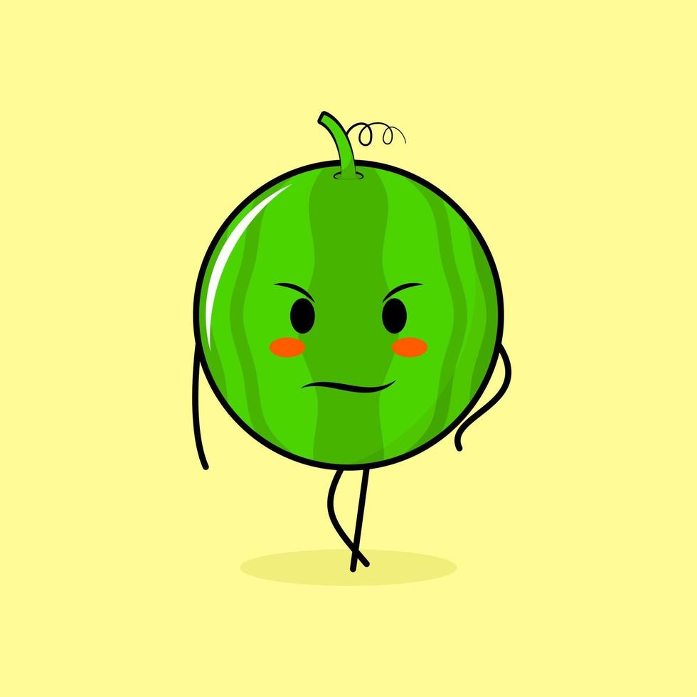 cute watermelon character with cool expression. green and yellow. suitable for emoticon, logo, mascot vector