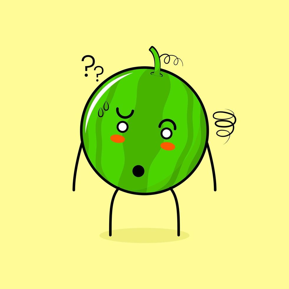 cute watermelon character with confused expression. green and yellow. suitable for emoticon, logo, mascot vector