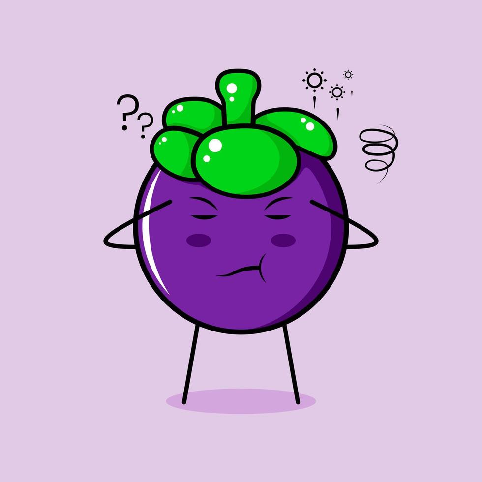 lindo personaje de mangostán con expresión de pensamiento, ojos cerrados y dos manos en la cabeza. verde y morado. adecuado para emoticonos, logotipos, mascotas vector