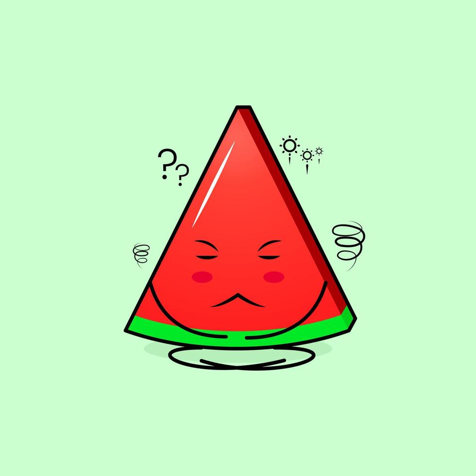 cute watermelon slice character with thinking expression, close eyes and sit cross-legged. green and red. suitable for emoticon, logo, mascot vector