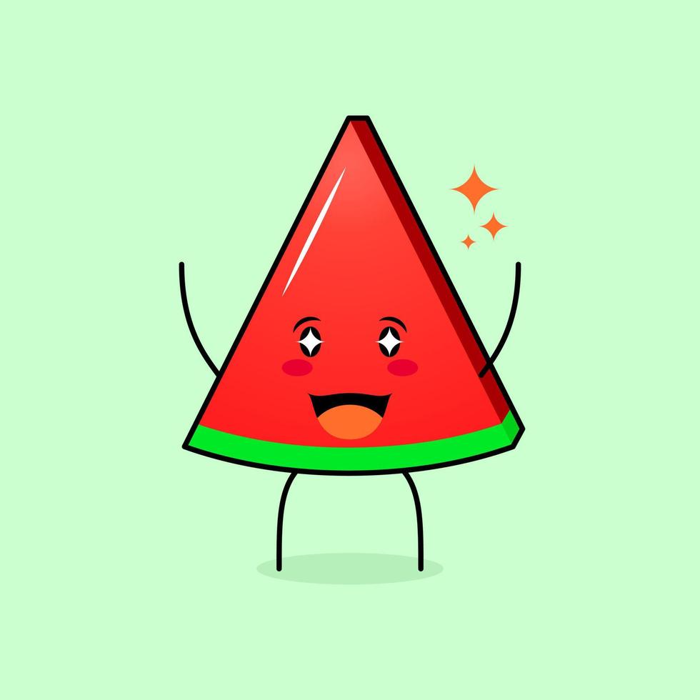 lindo personaje de rebanada de melón con sonrisa y expresión feliz, dos manos arriba, boca abierta y ojos brillantes. verde y rojo. adecuado para emoticonos, logotipos, mascotas e iconos vector