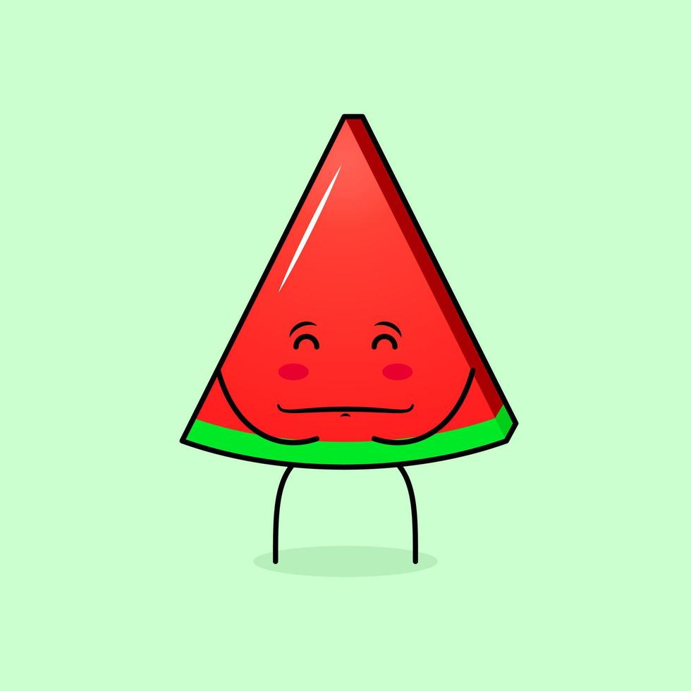 lindo personaje de rebanada de melón con sonrisa y expresión feliz, ojos cerrados, ambas manos en el estómago y sonriendo. verde y rojo. adecuado para emoticonos, logotipos, mascotas e iconos vector