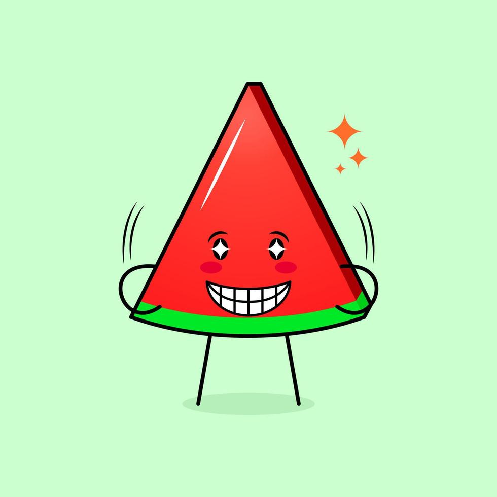 lindo personaje de rebanada de melón con sonrisa y expresión feliz, ojos brillantes y sonriente. verde y rojo. adecuado para emoticonos, logotipos, mascotas e iconos vector