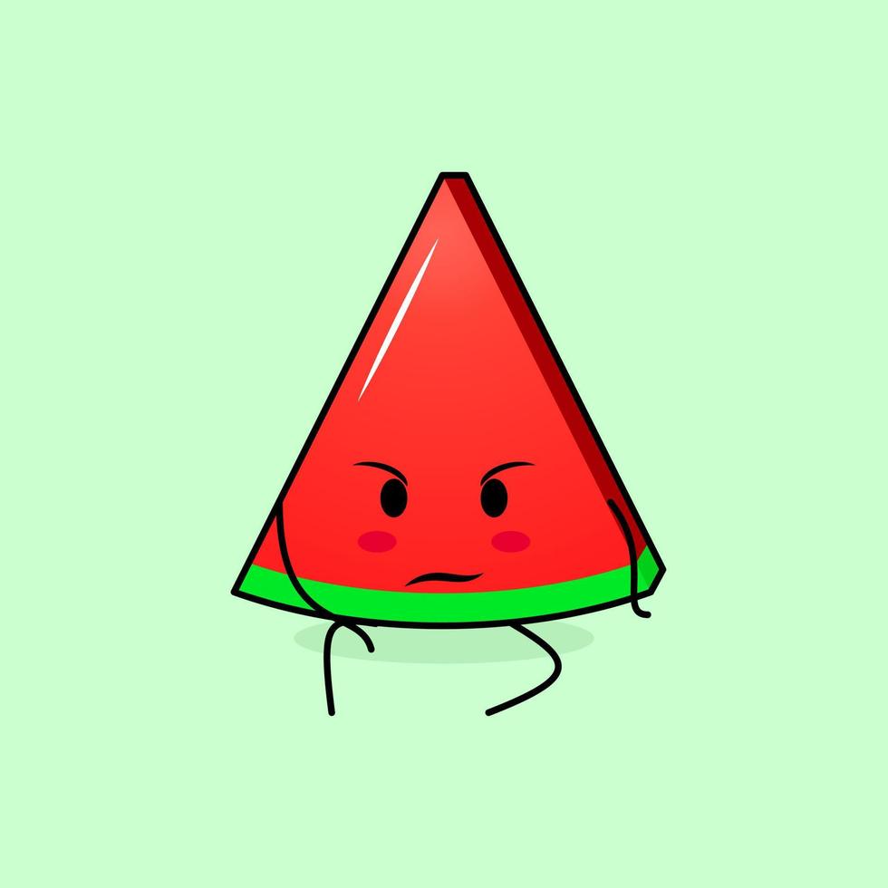 cute watermelon slice character with intimidation expression and sit down. green and red. suitable for emoticon, logo, mascot vector