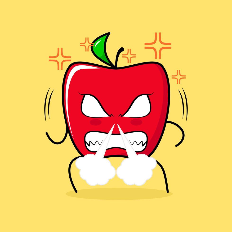 cute red apple character with angry expression. nose blowing smoke, eyes bulging and grinning. green and red. suitable for emoticon, logo, mascot vector