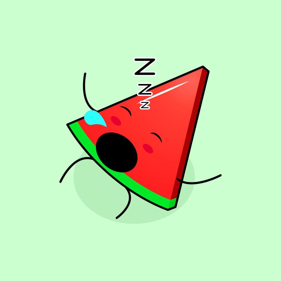 cute watermelon slice character with sleep expression, lie down, close eyes and mouth open. green and red. suitable for emoticon, logo, mascot and icon vector