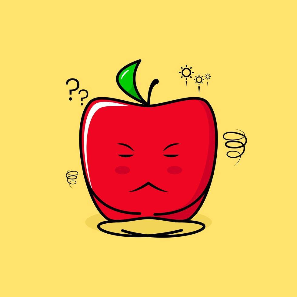 lindo personaje de manzana roja con expresión de pensamiento, cerrar los ojos y sentarse con las piernas cruzadas. verde y rojo. adecuado para emoticonos, logotipos, mascotas vector