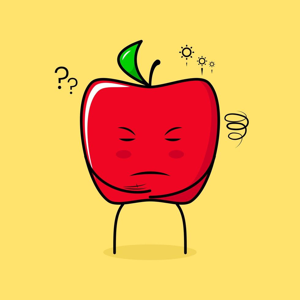 lindo personaje de manzana roja con expresión de pensamiento y ojos cerrados. verde y rojo. adecuado para emoticonos, logotipos, mascotas vector