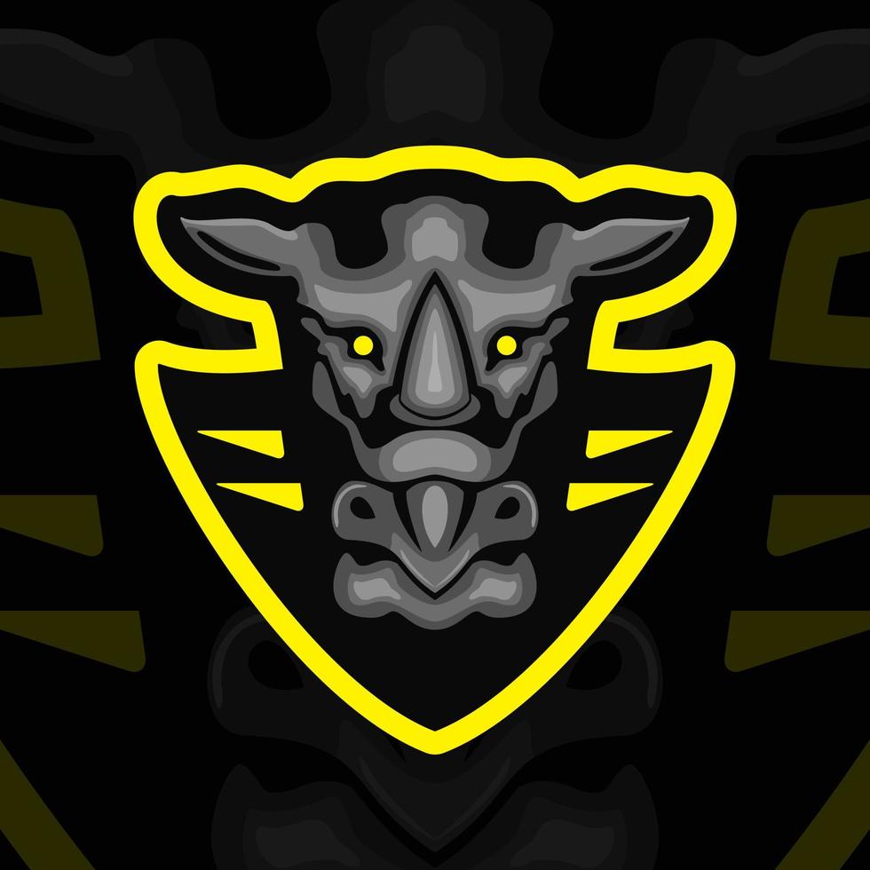 ilustración de cabeza y escudo de rinoceronte. estilo creativo, animal, caricatura y mascota. negro y amarillo. adecuado para logotipo, icono, símbolo y signo. como deportes electrónicos, deportes y logotipo fuerte vector