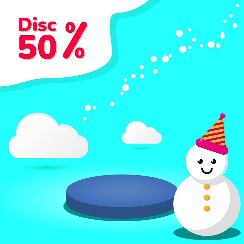 blue circle podium with snowman and clouds illustration. suitable for background, sale product vector