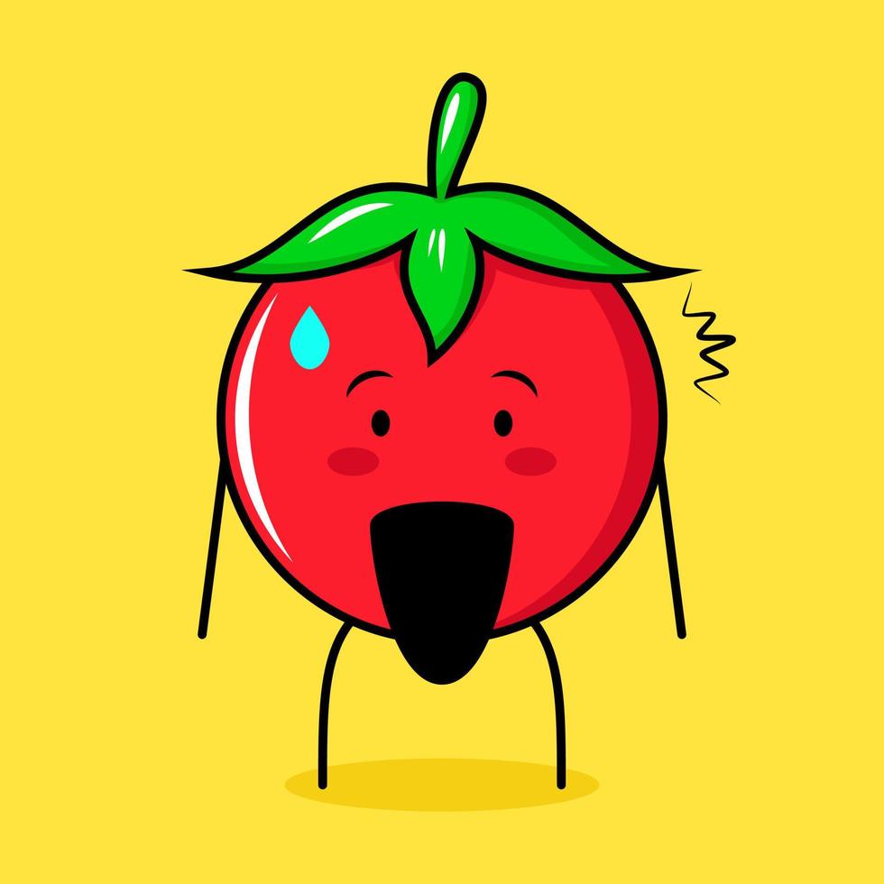 lindo personaje de tomate con expresión sorprendida y boca abierta. verde, rojo y amarillo. adecuado para emoticonos, logotipos, mascotas vector