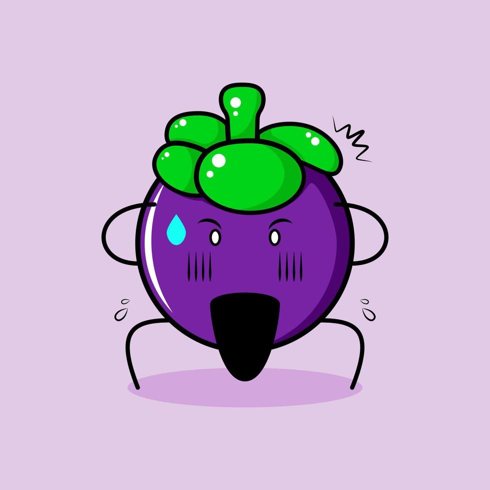 cute mangosteen character with shocked expression, two hands on head and mouth open. green and purple. suitable for emoticon, logo, mascot or sticker vector