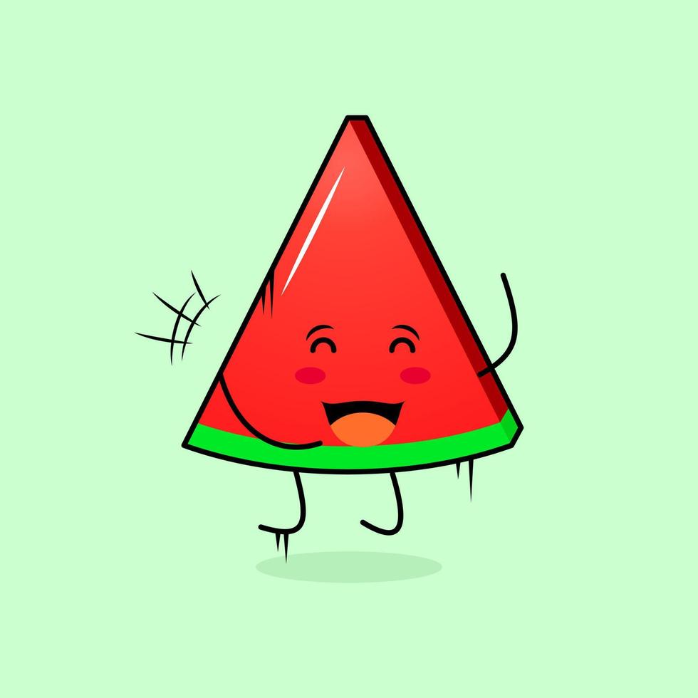 lindo personaje de rebanada de melón con sonrisa y expresión feliz, salta, cierra los ojos y abre la boca. verde y rojo. adecuado para emoticonos, logotipos, mascotas e iconos vector