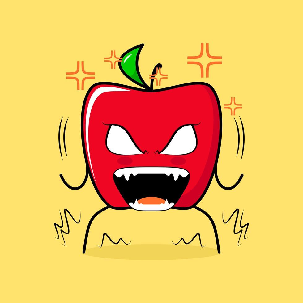 cute red apple character with very angry expression. eyes bulging and mouth wide open. green and red. suitable for emoticon, logo, mascot vector