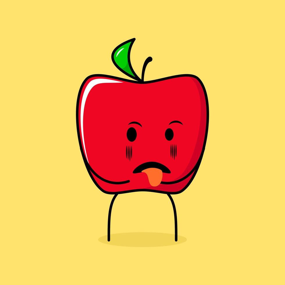 cute red apple character with disgusting expression and tongue sticking out. green and red. suitable for emoticon, logo, mascot and icon vector