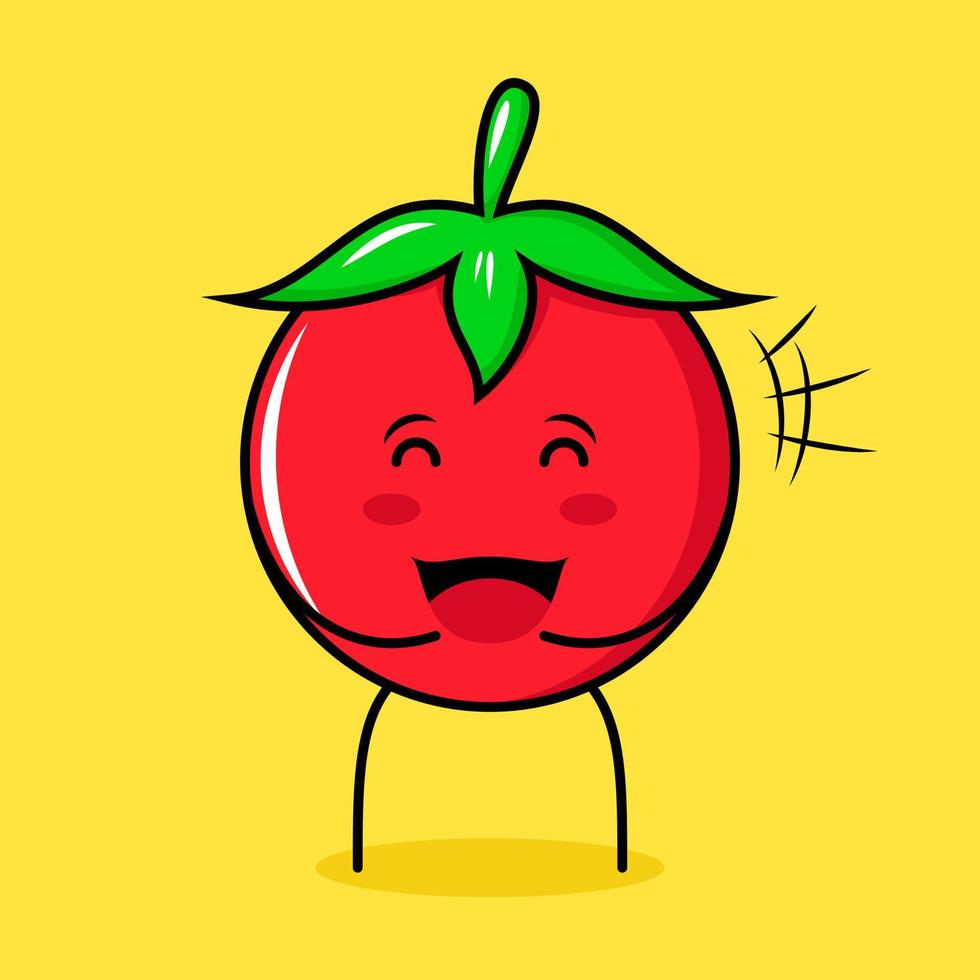 cute tomato character with happy expression, close eyes and mouth open. green, red and yellow. suitable for emoticon, logo, mascot vector