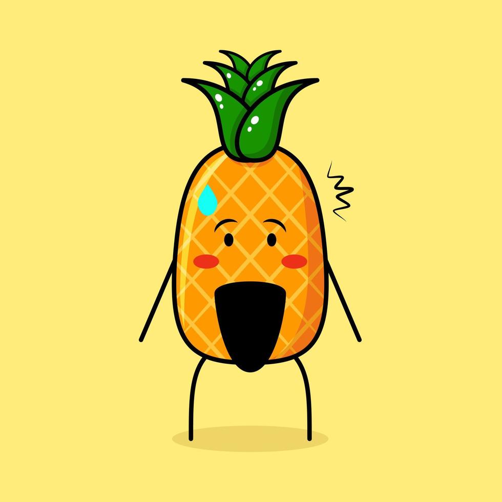 lindo personaje de piña con expresión sorprendida y boca abierta. verde y amarillo. adecuado para emoticonos, logotipos, mascotas o pegatinas vector