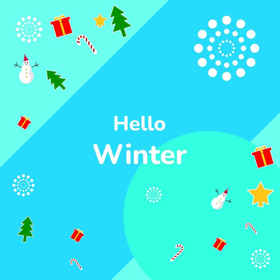 hello winter illustration. winter background with snowman, star, tree, giftbox, candy cane and snowflakes. suitable for greeting card, feed social media, and flyer vector