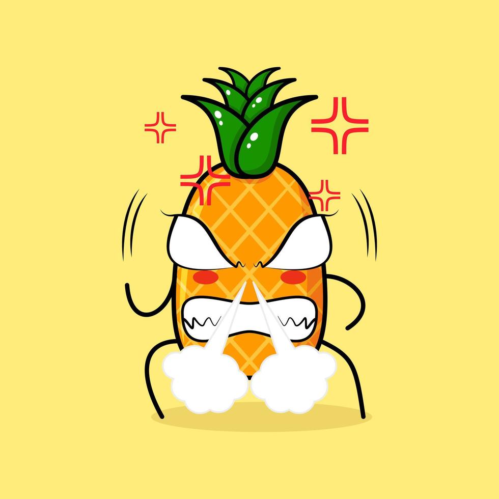 lindo personaje de piña con expresión enojada. la nariz echando humo, los ojos saltones y sonriendo. verde y amarillo. adecuado para emoticonos, logotipos, mascotas vector