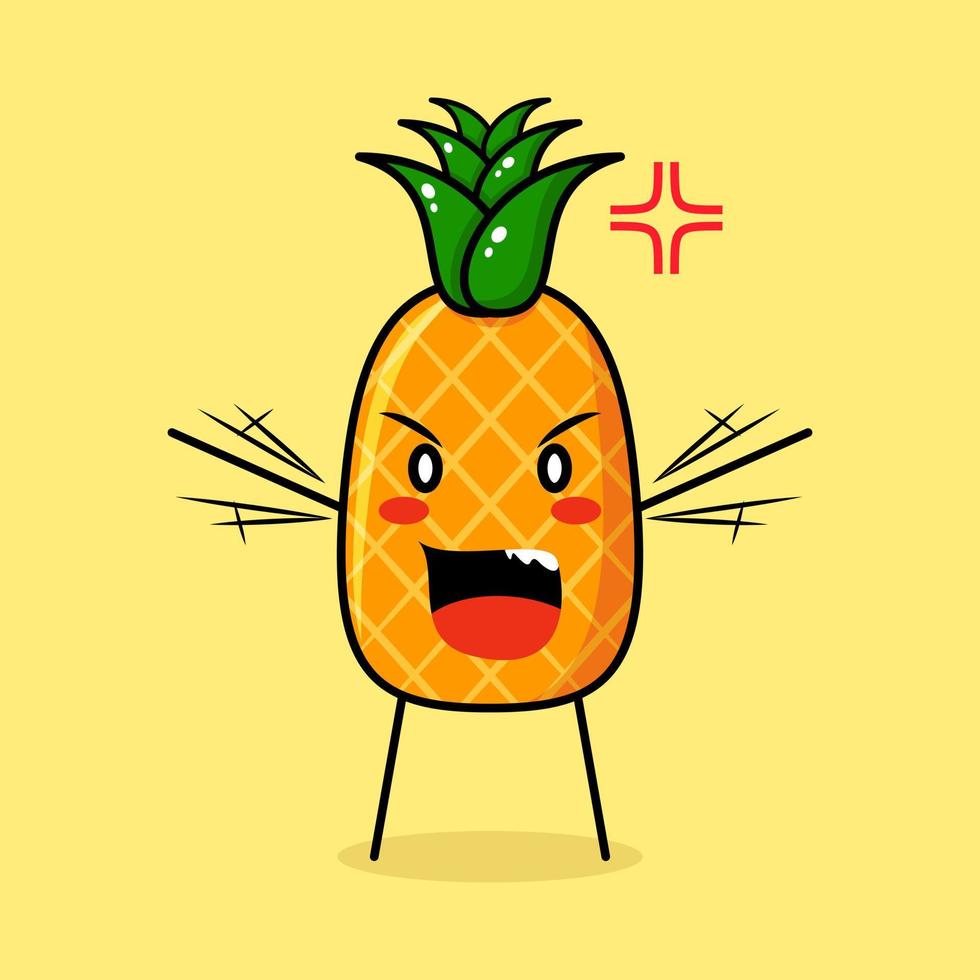 lindo personaje de piña con expresión enojada. verde y amarillo. adecuado para emoticono, logo, mascota. ambas manos levantadas y boca abierta vector