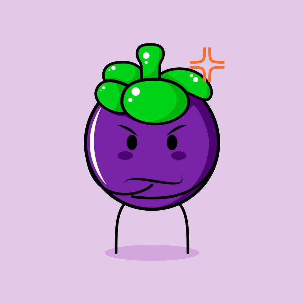 cute mangosteen character with angry expression. green and purple. suitable for emoticon, logo, mascot. one hand on chin vector