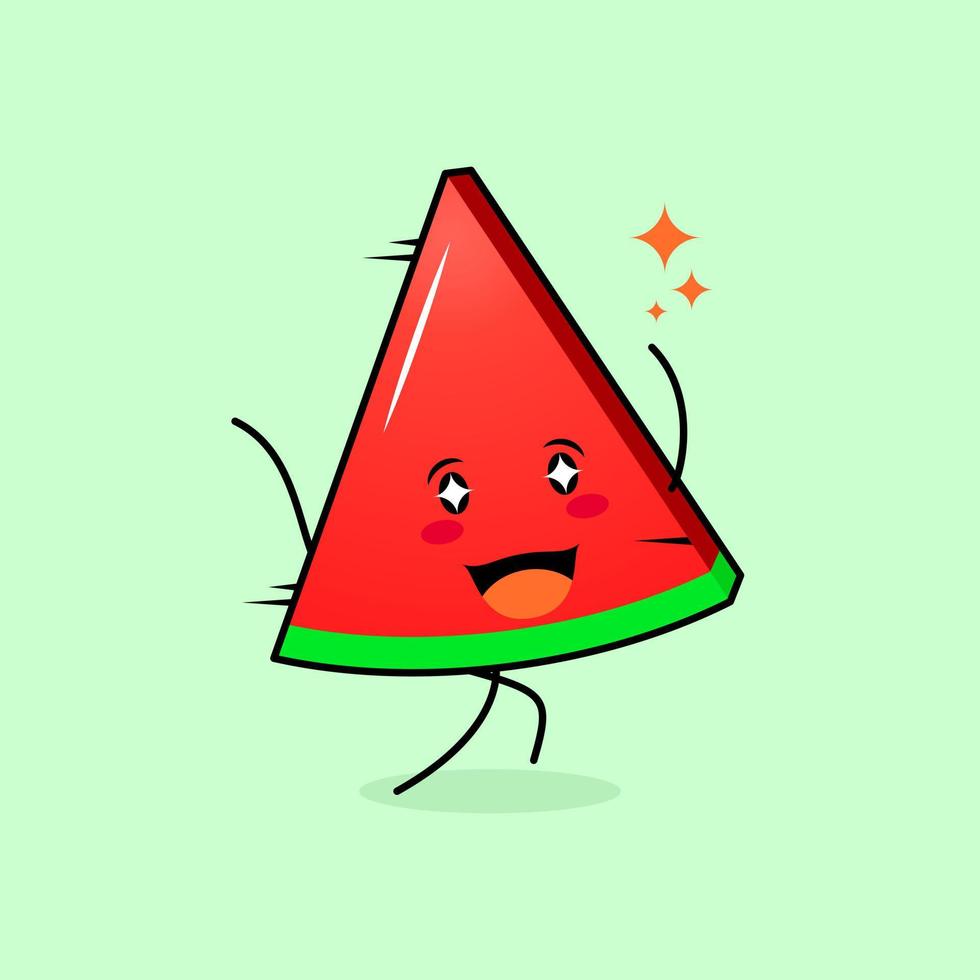 lindo personaje de rebanada de melón con sonrisa y expresión feliz, correr, dos manos arriba y ojos brillantes. verde y rojo. adecuado para emoticonos, logotipos, mascotas e iconos vector