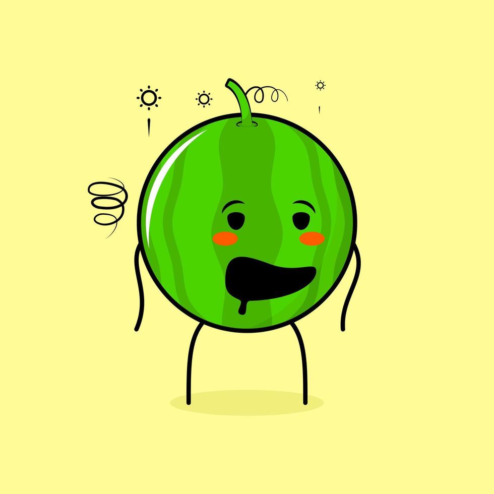 cute watermelon character with drunk expression and mouth open. green and yellow. suitable for emoticon, logo, mascot vector