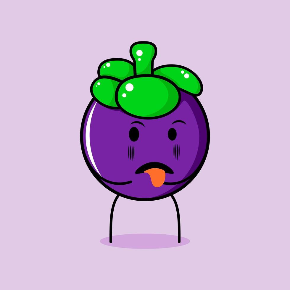 cute mangosteen character with disgusting expression and tongue sticking out. green and purple. suitable for emoticon, logo, mascot and icon vector