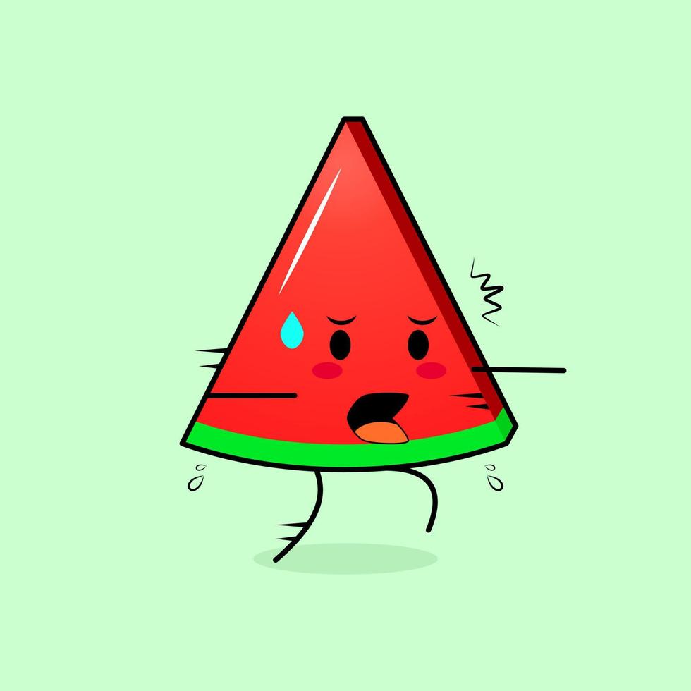 cute watermelon slice character with afraid expression and run. green and red. suitable for emoticon, logo, mascot or sticker vector