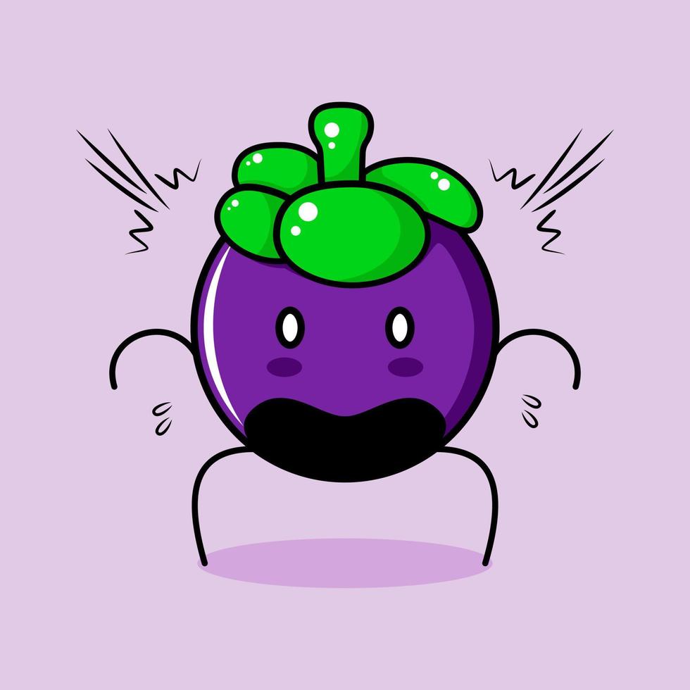 lindo personaje de mangostán con expresión de asombro, boca abierta y ojos saltones. verde y morado. adecuado para emoticonos, logotipos, mascotas o pegatinas vector