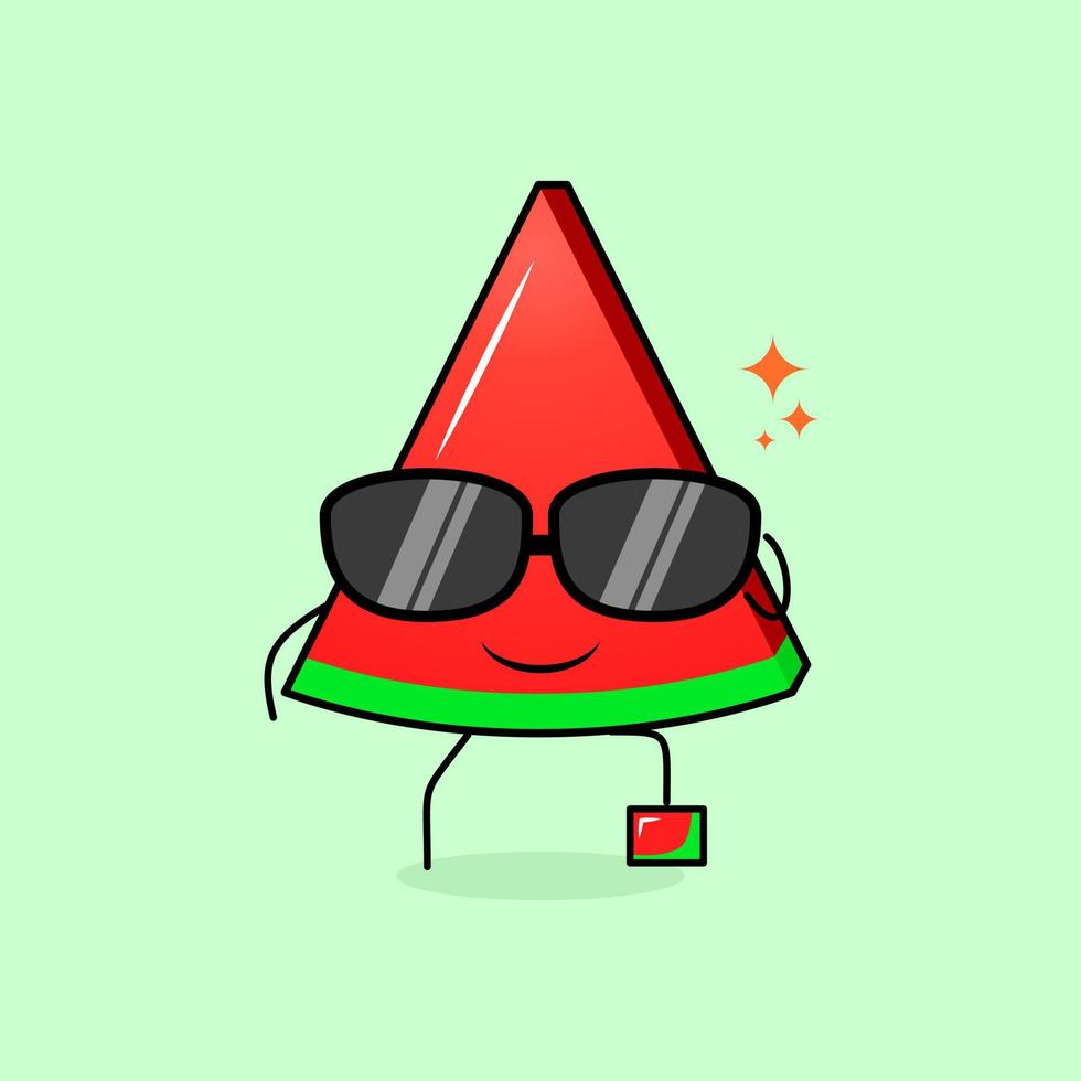 cute watermelon slice character with smile expression, black eyeglasses, one leg raised and one hand holding glasses. green and red. suitable for emoticon, logo, mascot or sticker vector